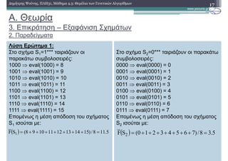 17∆ηµήτρης Ψούνης, ΠΛΗ31, Μάθηµα 4.3: Θεµέλια των Γενετικών Αλγορίθµων
Λύση Ερώτηµα 1:
Στο σχήµα S1=1*** ταιριάζουν οι
παρακάτω συµβολοσειρές:
1000 ⇒ eval(1000) = 8
1001 ⇒ eval(1001) = 9
1010 ⇒ eval(1010) = 10
1011 ⇒ eval(1011) = 11
1100 ⇒ eval(1100) = 12
1101 ⇒ eval(1101) = 13
1110 ⇒ eval(1110) = 14
1111 ⇒ eval(1111) = 15
Εποµένως η µέση απόδοση του σχήµατος
S1 ισούται µε:
( ) 5.118/)15141312111098(SF 1 =+++++++=
Στο σχήµα S2=0*** ταιριάζουν οι παρακάτω
συµβολοσειρές:
0000 ⇒ eval(0000) = 0
0001 ⇒ eval(0001) = 1
0010 ⇒ eval(0010) = 2
0011 ⇒ eval(0011) = 3
0100 ⇒ eval(0100) = 4
0101 ⇒ eval(0101) = 5
0110 ⇒ eval(0110) = 6
0111 ⇒ eval(0111) = 7
Εποµένως η µέση απόδοση του σχήµατος
S2 ισούται µε:
( ) 5.38/)76543210(SF 2 =+++++++=
A. Θεωρία
3. Επικράτηση – Εξαφάνιση Σχηµάτων
2. Παραδείγµατα
 