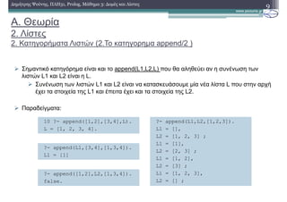 A. Θεωρία
2. Λίστες
2. Κατηγορήµατα Λιστών (2.Το κατηγορηµα append/2 )
Σηµαντικό κατηγόρηµα είναι και το append(L1,L2,L) που θα αληθεύει αν η συνένωση των
λιστών L1 και L2 είναι η L.
Συνένωση των λιστών L1 και L2 είναι να κατασκευάσουµε µία νέα λίστα L που στην αρχή
έχει τα στοιχεία της L1 και έπειτα έχει και τα στοιχεία της L2.
Παραδείγµατα:
9∆ηµήτρης Ψούνης, ΠΛΗ31, Prolog, Μάθηµα 3: ∆οµές και Λίστες
10 ?- append([1,2],[3,4],L).
L = [1, 2, 3, 4].
?- append(L1,L2,[1,2,3]).
L1 = [],
L2 = [1, 2, 3] ;
L1 = [1],
L2 = [2, 3] ;
L1 = [1, 2],
L2 = [3] ;
L1 = [1, 2, 3],
L2 = [] ;
?- append(L1,[3,4],[1,3,4]).
L1 = [1]
?- append([1,2],L2,[1,3,4]).
false.
 