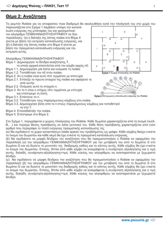 ∆ηµήτρης Ψούνης – ΠΛΗ31, Τεστ 17
www.psounis.gr
3
Θέµα 2: Αναζήτηση
Το ροµπότ Robbie για να αποφασίσει ποια διαδροµή θα ακολουθήσει κατά την πλοήγησή του στο χώρο του
παρουσιάζεται στο Σχήµα 1 λαµβάνει υπόψη την κατανά-
λωση ενέργειας της µπαταρίας του και χρησιµοποιεί
τον αλγόριθµο ΓΕΝΙΚΗΑΝΑΖΗΤΗΣΗΓΡΑΦΟΥ σε δύο
παραλλαγές: (α) η διάταξη της λίστας nodes στο Βήµα 4
γίνεται µε βάση την εκτίµηση κατανάλωσης ενέργειας, και
(β) η διάταξη της λίστας nodes στο Βήµα 4 γίνεται µε
βάση την πραγµατική κατανάλωση ενέργειας και την
εκτίµηση αυτής.
Αλγόριθµος ΓΕΝΙΚΗΑΝΑΖΗΤΗΣΗΓΡΑΦΟΥ
Βήµα 1. ∆ηµιούργησε το δένδρο αναζήτησης Τ,
το οποίο αρχικά αποτελείται από τον κόµβο αρχής n0.
Βήµα 1.1. ∆ηµιούργησε µία λίστα και ονόµασέ τη nodes.
Βήµα 1.2. Τοποθέτησε τον n0 στην nodes.
Βήµα 2. Αν η nodes είναι κενή τότε τερµάτισε µε αποτυχία
Βήµα 2.1. Επέλεξε το πρώτο στοιχείο της nodes και αφαίρεσέ το
από αυτήν.
Βήµα 2.2. Ονόµασε αυτό το στοιχείο n.
Βήµα 3. Αν το n είναι ο στόχος τότε τερµάτισε µε επιτυχία
και επέστρεψε τη λύση.
Βήµα 3.1. Επέκτεινε το n.
Βήµα 3.2. Τοποθέτησε τους παραγόµενους κόµβους στη nodes.
Βήµα 3.3. ∆ηµιούργησε βέλη από το n στους παραγόµενους κόµβους και τοποθέτησέ
τα στο Τ.
Βήµα 4. Επαναδιάταξε την nodes.
Βήµα 5. Επέστρεψε στο Βήµα 2.
Στο Σχήµα 1, περιγράφεται ο χώρος πλοήγησης του Robbie. Κάθε δωµάτιο χαρακτηρίζεται από το όνοµά του(Α,
Β,…) και περιέχει θέσεις πρόσβασης σε άλλο γειτονικό του. Κάθε θέση πρόσβασης χαρακτηρίζεται από έναν
αριθµό που περιγράφει το ποσό ενέργειας πραγµατικής κατανάλωσης της
(α) Να σχεδιάσετε το χώρο καταστάσεων (state space) του προβλήµατος ως γράφο. Κάθε κόµβος θαέχει ετικέτα
το όνοµα του δωµατίου και κάθε ακµή θα έχει ετικέτα τη πραγµατική κατανάλωση ενέργειας.
(β) Να σχεδιάσετε σε µορφή δένδρου την αναζήτηση που θα πραγµατοποιήσει ο Robbie αν εφαρµόσει την
παραλλαγή (α) του αλγορίθµου ΓΕΝΙΚΗΑΝΑΖΗΤΗΣΗΓΡΑΦΟΥ για την µετάβασή του από το δωµάτιο S στο
δωµάτιο G και να δώσετε το µονοπάτι της διαδροµής καθώς και το κόστος αυτής. Κάθε κόµβος θα έχει ετικέτα
το όνοµα του δωµατίου. Επίσης, δίπλα από κάθε κόµβο να αναγράφεται η συνάρτηση αξιολόγησης και η τιµή
αυτής, δηλαδή, συνάρτηση-αξιολόγησης=τιµή. Κάθε κύκλος του αλγορίθµου να αναπαριστάται µε ξεχωριστό
δένδρο.
(γ) Να σχεδιάσετε σε µορφή δένδρου την αναζήτηση που θα πραγµατοποιήσει ο Robbie αν εφαρµόσει την
παραλλαγή (β) του αλγορίθµου ΓΕΝΙΚΗΑΝΑΖΗΤΗΣΗΓΡΑΦΟΥ για την µετάβασή του από το δωµάτιο S στο
δωµάτιο G και να δώσετε το µονοπάτι της διαδροµής καθώς και το κόστος αυτής. Κάθε κόµβος θα έχει ετικέτα
το όνοµα του δωµατίου. Επίσης, δίπλα από κάθε κόµβο να αναγράφεται η συνάρτηση αξιολόγησης και η τιµή
αυτής, δηλαδή, συνάρτηση-αξιολόγησης=τιµή. Κάθε κύκλος του αλγορίθµου να αναπαριστάται µε ξεχωριστό
δένδρο.
 
