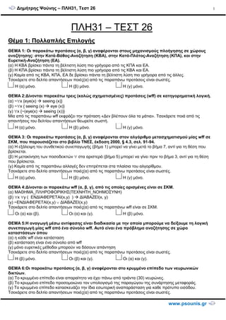 ∆ηµήτρης Ψούνης – ΠΛΗ31, Τεστ 26
www.psounis.gr
1
ΠΛΗ31 – ΤΕΣΤ 26
Θέµα 1: Πολλαπλής Επιλογής
ΘΕΜΑ 1: Οι παρακάτω προτάσεις (α, β, γ) αναφέρονται στους µηχανισµούς πλοήγησης σε χώρους
αναζήτησης: στην Κατά-Βάθος-Αναζήτηση (ΚΒΑ), στην Κατά-Πλάτος-Αναζήτηση (ΚΠΑ), και στην
Ευρετική-Αναζήτηση (ΕΑ).
(α) Η ΚΒΑ βρίσκει πάντα τη βέλτιστη λύση πιο γρήγορα από τις ΚΠΑ και ΕΑ.
(β) Η ΚΠΑ βρίσκει πάντα τη βέλτιστη λύση πιο γρήγορα από τις ΚΒΑ και ΕΑ.
(γ) Καµία από τις ΚΒΑ, ΚΠΑ, ΕΑ δε βρίσκει πάντα τη βέλτιστη λύση πιο γρήγορα από τις άλλες.
Τσεκάρετε στο δελτίο απαντήσεων ποιές(α) από τις παραπάνω προτάσεις είναι σωστές.
Η (α) µόνο. Η (β) µόνο. Η (γ) µόνο.
ΘΕΜΑ 2:∆ίνονται παρακάτω τρεις (καλώς σχηµατισµένες) προτάσεις (wff) σε κατηγορηµατική λογική.
(α) ~∀x {eye(x) seeing (x)}
(β) ~∀x { seeing (x) eye (x)}
(γ) ∀x {~(eye(x) seeing (x))}
Μία από τις παραπάνω wff εκφράζει την πρόταση «∆εν βλέπουν όλα τα µάτια». Τσεκάρετε ποιά από τις
απαντήσεις του δελτίου απαντήσεων θεωρείτε σωστή.
Η (α) µόνο. Η (β) µόνο. Η (γ) µόνο.
ΘΕΜΑ 3: Οι παρακάτω προτάσεις (α, β, γ) αναφέρονται στον αλγόριθµο µετασχηµατισµού µίας wff σε
ΣΚΜ, που παρουσιάζεται στο βιβλίο ΤΝΕΣ, έκδοση 2000, § 4.3, σελ. 91-94.
(α) Η εξάλειψη του συνθετικού συνεπαγωγής (βήµα 1) µπορεί να γίνει µετά το βήµα 7, αντί για τη θέση που
βρίσκεται.
(β) Η µετακίνηση των ποσοδεικτών ∀ στα αριστερά (βήµα 5) µπορεί να γίνει πριν το βήµα 3, αντί για τη θέση
που βρίσκεται.
(γ) Καµία από τις παραπάνω αλλαγές δεν επιτρέπεται στα πλαίσια του αλγορίθµου.
Τσεκάρετε στο δελτίο απαντήσεων ποιές(α) από τις παραπάνω προτάσεις είναι σωστές.
Η (α) µόνο. Η (β) µόνο. Η (γ) µόνο.
ΘΕΜΑ 4:∆ίνονται οι παρακάτω wff (α, β, γ), από τις οποίες ορισµένες είναι σε ΣΚΜ.
(α) ΜΑΘΗΜΑ_ΠΛΗΡΟΦΟΡΙΚΗΣ(ΤΕΧΝΗΤΗ_ΝΟΗΜΟΣΥΝΗ)
(β) ∀x ∀y ( ΕΝ∆ΙΑΦΕΡΕΤΑΙ(x,y) ) ∆ΙΑΒΑΖΕΙ(x, y)
(γ) ~ΕΝ∆ΙΑΦΕΡΕΤΑΙ(x,y) ∨ ∆ΙΑΒΑΖΕΙ(x,y)
Τσεκάρετε στο δελτίο απαντήσεων ποιές(α) από τις παραπάνω wff είναι σε ΣΚΜ.
Οι (α) και (β). Οι (α) και (γ). Η (β) µόνο.
ΘΕΜΑ 5:Η αναγωγή µέσω αντίφασης είναι διαδικασία µε την οποία µπορούµε να δείξουµε τη λογική
συνεπαγωγή µίας wff από ένα σύνολο wff. Αυτό είναι ένα πρόβληµα αναζήτησης σε χώρο
καταστάσεων όπου
(α) η κάθε wff είναι κατάσταση
(β) κατάσταση είναι ένα σύνολο από wff
(γ) µόνο ευρετικές µέθοδοι µπορούν να δόσουν απάντηση
Τσεκάρετε στο δελτίο απαντήσεων ποιές(α) από τις παραπάνω προτάσεις είναι σωστές.
Η (β) µόνο. Οι (β) και (γ). Οι (α) και (γ).
ΘΕΜΑ 6:Οι παρακάτω προτάσεις (α, β, γ) αναφέρονται στο κρυµµένο επίπεδο των νευρωνικών
δικτύων.
(α) Το κρυµµένο επίπεδο είναι απαραίτητο να έχει πάνω από τριάντα (30) νευρώνες.
(β) Το κρυµµένο επίπεδο προσοµοιώνει τον υπολογισµό της παραγώγου της συνάρτησης µεταφοράς.
(γ) Το κρυµµένο επίπεδο κατασκευάζει την ίδια εσωτερική αναπαράσταση για καθε πρότυπο εισόδου.
Τσεκάρετε στο δελτίο απαντήσεων ποιές(α) από τις παραπάνω προτάσεις είναι σωστές.
 