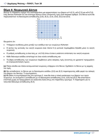 ∆ηµήτρης Ψούνης – ΠΛΗ31, Τεστ 30
www.psounis.gr
3
Θέµα 4: Νευρωνικά ∆ίκτυα
∆ίνεται το παρακάτω σχήµα που αναπαριστάνει µια αρχικοποίηση των βαρών w1=(2,3), w2=(7,2) και w3=(7,6)
ενός δικτύου Kohonen σε ένα σύστηµα αξόνων όπου επιτρεπτές τιµές είναι ακέραιοι αριθµοί. Στο δίκτυο αυτό θα
παρουσιαστούν τα διανύσµατα εκπαίδευσης (2,6), (6,3), (3,4), (5,6), (6,2) και (6,4).
Θεωρείστε ότι:
• Υπάρχουν συνδέσεις µόνο µεταξύ των εισόδων και των νευρώνων Kohonen
• Η ακτίνα της γειτονιάς του νικητή νευρώνα είναι πάντα 0 (η γειτονιά περιλαµβάνει δηλαδή µόνο το νικητή
νευρώνα),
• Ο ρυθµός εκπαίδευσης α είναι ίσος µε α=(1/d) όπου d είναι η εκάστοτε απόσταση του νικητή νευρώνα
• Κάθε διάνυσµα εισόδου αντιστοιχεί σε έναν κύκλο εκπαίδευσης και
• Τα βάρη εκπαίδευσης των νευρώνων λαµβάνουν µόνο ακέραιες τιµές (συνεπώς αν χρειαστεί προχωρήστε
σε στρογγυλοποίηση τιµών).
(α) Πόσοι είσοδοι και πόσοι ανταγωνιστικοί νευρώνες υπάρχουν στο δίκτυο; Σχεδιάστε το δίκτυο µε τις αρχικές
του τιµές.
(β) Να εκπαιδεύσετε το δίκτυο για τα διανύσµατα εισόδου (2,6) και (6,3) παρατηρώντας κάθε φορά την αλλαγή
των βαρών του δικτύου; Τι συµπεραίνετε;
(γ) Με βάση το συµπέρασµά σας στο ερώτηµα 2, ποια θα είναι η τελική κατάσταση των βαρών των τριών
νευρώνων, αν συνεχιστεί η εκπαίδευση µε τα διανύσµατα εκπαίδευσης (3,4), (5,6) και (6,2); Να απαντήσετε
εποπτικά χωρίς να προχωρήσετε σε αναλυτική λύση όπως στο παραπάνω ερώτηµα. Τι παρατηρείτε για το
τελευταίο διάνυσµα εκπαίδευσης (6,4);
 