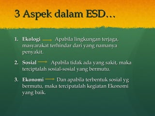 3 Aspek dalam ESD… Ekologi   Apabila lingkungan terjaga, masyarakat terhindar dari yang namanya  penyakit.  Sosial  Apabila tidak ada yang sakit, maka terciptalah sosial-sosial yang bermutu. Ekonomi   Dan apabila terbentuk sosial yg bermutu, maka tercipatalah kegiatan Ekonomi yang baik. 