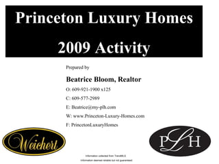 Princeton Luxury Homes 2009 Activity Prepared by Beatrice Bloom, Realtor O: 609-921-1900 x125 C: 609-577-2989 E: Beatrice@my-plh.com W: www.Princeton-Luxury-Homes.com F: PrincetonLuxuryHomes Information collected from TrendMLS.  Information deemed reliable but not guaranteed. 