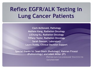 Reflex EGFR/ALK Testing in
Lung Cancer Patients
Clark McDonald, Pathology
Mathew Kang, Radiation Oncology
LiChung Ku, Radiation Oncology
Tiffany Taylor, Radiation Oncology
Sarah Dawson, Laboratory
Laura Duddy, Clinical Decision Support
Special thanks to: Sean Stack (Radiology), Kamran Firoozi
(Pulmonology) and Adam Miller (IT)
 