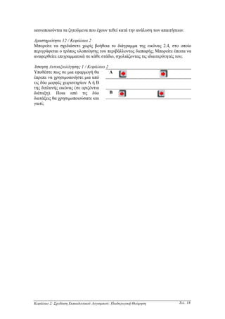 ικανοποιούνται τα ζητούµενα που έχουν τεθεί κατά την ανάλυση των απαιτήσεων.

∆ραστηριότητα 12 / Κεφάλαιο 2
Μπορείτε να σχεδιάσετε χωρίς βοήθεια το διάγραµµα της εικόνας 2.4, στο οποίο
περιγράφεται ο τρόπος υλοποίησης του περιβάλλοντος διεπαφής; Μπορείτε έπειτα να
αναφερθείτε επιγραµµατικά σε κάθε στάδιο, σχολιάζοντας τις ιδιαιτερότητές του;

Άσκηση Αυτοαξιολόγησης 1 / Κεφάλαιο 2
Υποθέστε πως σε µια εφαρµογή θα       Α
έπρεπε να χρησιµοποιήστε µια από
τις δύο µορφές χειριστηρίων Α ή Β
της διπλανής εικόνας (σε οριζόντια
διάταξη). Ποια από τις δύο            Β
διατάξεις θα χρησιµοποιούσατε και
γιατί;




Κεφάλαιο 2: Σχεδίαση Εκπαιδευτικού Λογισµικού: Παιδαγωγική Θεώρηση       Σελ. 18
 