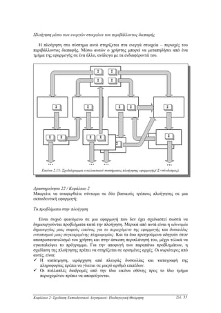 Πλοήγηση µέσω των ενεργών στοιχείων του περιβάλλοντος διεπαφής

   Η πλοήγηση στο σύστηµα αυτό στηρίζεται στα ενεργά στοιχεία – περιοχές του
περιβάλλοντος διεπαφής. Μέσω αυτών ο χρήστης µπορεί να µεταπηδήσει από ένα
τµήµα της εφαρµογής σε ένα άλλο, ανάλογα µε τα ενδιαφέροντά του.




     Εικόνα 2.15: Σχεδιάγραµµα εναλλακτικού συστήµατος πλοήγησης εφαρµογής( Σ=σύνδεσµος).



∆ραστηριότητα 22 / Κεφάλαιο 2
Μπορείτε να αναφερθείτε σύντοµα σε δύο βασικούς τρόπους πλοήγησης σε µια
εκπαιδευτική εφαρµογή;

Τα προβλήµατα στην πλοήγηση

   Είναι συχνό φαινόµενο σε µια εφαρµογή που δεν έχει σχεδιαστεί σωστά να
δηµιουργούνται προβλήµατα κατά την πλοήγηση. Μερικά από αυτά είναι η αδυναµία
δηµιουργίας µιας σαφούς εικόνας για το περιεχόµενο της εφαρµογής και δυσκολίας
εντοπισµού µιας συγκεκριµένης πληροφορίας. Και τα δυο προηγούµενα οδηγούν στον
αποπροσανατολισµό του χρήστη και στην άσκοπη περιπλάνησή του, µέχρι τελικά να
εγκαταλείψει το πρόγραµµα. Για την αποφυγή των παραπάνω προβληµάτων, η
σχεδίαση της πλοήγησης πρέπει να στηρίζεται σε ορισµένες αρχές. Οι κυριότερες από
αυτές, είναι:
    Η κατάτµηση, ιεράρχηση από πλευράς δυσκολίας και καταγραφή της
    πληροφορίας πρέπει να γίνεται σε µικρό αριθµό επιπέδων.
    Οι πολλαπλές διαδροµές από την ίδια εικόνα οθόνης προς το ίδιο τµήµα
    περιεχοµένου πρέπει να αποφεύγονται.



Κεφάλαιο 2: Σχεδίαση Εκπαιδευτικού Λογισµικού: Παιδαγωγική Θεώρηση                    Σελ. 35
 