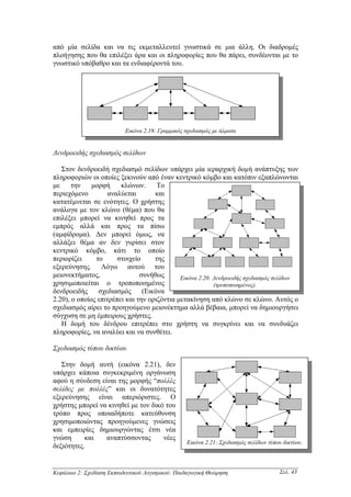 από µία σελίδα και να τις εκµεταλλευτεί γνωστικά σε µια άλλη. Οι διαδροµές
πλοήγησης που θα επιλέξει άρα και οι πληροφορίες που θα πάρει, συνδέονται µε το
γνωστικό υπόβαθρο και τα ενδιαφέροντά του.




                           Εικόνα 2.19: Γραµµικός σχεδιασµός µε άλµατα


∆ενδροειδής σχεδιασµός σελίδων

   Στον δενδροειδή σχεδιασµό σελίδων υπάρχει µία ιεραρχική δοµή ανάπτυξης των
πληροφοριών οι οποίες ξεκινούν από έναν κεντρικό κόµβο και κατόπιν εξαπλώνονται
µε     την    µορφή     κλώνων.      Το
περιεχόµενο        αναλύεται        και
κατατέµνεται σε ενότητες. Ο χρήστης
ανάλογα µε τον κλώνο (θέµα) που θα
επιλέξει µπορεί να κινηθεί προς τα
εµπρός αλλά και προς τα πίσω
(αµφίδροµα). ∆εν µπορεί όµως, να
αλλάξει θέµα αν δεν γυρίσει στον
κεντρικό κόµβο, κάτι το οποίο
περιορίζει     το      στοιχείο     της
εξερεύνησης. Λόγω αυτού του
µειονεκτήµατος,                συνήθως       Εικόνα 2.20: ∆ενδροειδής σχεδιασµός σελίδων
χρησιµοποιείται ο τροποποιηµένος                          (τροποποιηµένος).
δενδροειδής     σχεδιασµός      (Εικόνα
2.20), ο οποίος επιτρέπει και την οριζόντια µετακίνηση από κλώνο σε κλώνο. Αυτός ο
σχεδιασµός αίρει το προηγούµενο µειονέκτηµα αλλά βέβαια, µπορεί να δηµιουργήσει
σύγχυση σε µη έµπειρους χρήστες.
   Η δοµή του δένδρου επιτρέπει στο χρήστη να συγκρίνει και να συνδυάζει
πληροφορίες, να αναλύει και να συνθέτει.

Σχεδιασµός τύπου δικτύου

   Στην δοµή αυτή (εικόνα 2.21), δεν
υπάρχει κάποια συγκεκριµένη οργάνωση
αφού η σύνδεση είναι της µορφής “πολλές
σελίδες µε πολλές” και οι δυνατότητες
εξερεύνησης είναι απεριόριστες. Ο
χρήστης µπορεί να κινηθεί µε τον δικό του
τρόπο προς οποιαδήποτε κατεύθυνση
χρησιµοποιώντας προηγούµενες γνώσεις
και εµπειρίες δηµιουργώντας έτσι νέα
γνώση      και   αναπτύσσοντας       νέες
                                                  Εικόνα 2.21: Σχεδιασµός σελίδων τύπου δικτύου.
δεξιότητες.


Κεφάλαιο 2: Σχεδίαση Εκπαιδευτικού Λογισµικού: Παιδαγωγική Θεώρηση                    Σελ. 43
 