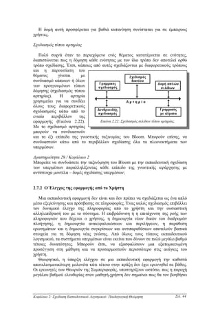Η δοµή αυτή προσφέρεται για βαθιά κατανόηση συνίσταται για σε έµπειρους
χρήστες.

Σχεδιασµός τύπου αρτηρίας

   Πολύ συχνά όταν το περιεχόµενο ενός θέµατος κατατέµνεται σε ενότητες,
διαπιστώνεται πως η δόµηση κάθε ενότητας µε τον ίδιο τρόπο δεν αποτελεί ορθό
τρόπο σχεδίασης. Έτσι, κάποιες από αυτές σχεδιάζονται µε διαφορετικούς τρόπους
και η παρουσίαση του
θέµατος      γίνεται      µε
συνδυασµό κάποιων ή όλων
των προηγουµένων τύπων
δόµησης (σχεδιασµός τύπου
αρτηρίας).    Η      αρτηρία
χρησιµεύει για να συνδέει
όλους τους διαφορετικούς
σχεδιασµούς κάτω από το
ενιαίο   περιβάλλον      της
εφαρµογής (Εικόνα 2.22).          Εικόνα 2.22: Σχεδιασµός σελίδων τύπου αρτηρίας.
Με το σχεδιασµό αρτηρίας
µπορούν να συνδυαστούν
και τα έξι επίπεδα της γνωστικής ταξινοµίας του Bloom. Μπορούν επίσης, να
συνδυαστούν κάτω από το περιβάλλον σχεδίασης όλα τα πλεονεκτήµατα των
υπερµέσων.

∆ραστηριότητα 29 / Κεφάλαιο 2
Μπορείτε να συνδυάσετε την ταξινόµηση του Bloom µε την εκπαιδευτική σχεδίαση
των υπερµέσων παραλληλίζοντας κάθε επίπεδο της γνωστικής ιεράρχησης µε
αντίστοιχα µοντέλα – δοµές σχεδίασης υπερµέσων;


2.7.2 Ο Έλεγχος της εφαρµογής από το Χρήστη

   Μια εκπαιδευτική εφαρµογή δεν είναι και δεν πρέπει να σχεδιάζεται ως ένα απλό
µέσο εξερεύνησης και πρόσβασης σε πληροφορίες. Ένας καλός σχεδιασµός επιβάλλει
τον δυναµικό έλεγχο της πληροφορίας από το χρήστη και την ουσιαστική
αλληλεπίδρασή του µε το σύστηµα. Η επιβράδυνση ή η επιτάχυνση της ροής των
πληροφοριών που δέχεται ο χρήστης, η δηµιουργία νέων δικών του διαδροµών
πλοήγησης, η δηµιουργία ανακεφαλαιώσεων και περιλήψεων, η παράθεση
ερωτηµάτων και η δηµιουργία συγκρίσεων και αντιπαραθέσεων αποτελούν βασικά
στοιχεία για τη δόµηση νέας γνώσης. Από όλους τους τύπους εκπαιδευτικού
λογισµικού, τα συστήµατα υπερµέσων είναι εκείνα που δίνουν σε πολύ µεγάλο βαθµό
τέτοιες δυνατότητες. Μπορούν έτσι, να εξασφαλίσουν µια εξατοµικευµένη
προσέγγιση στη µάθηση και να προσαρµοστούν περισσότερο στις ανάγκες του
χρήστη.
   Θεωρητικά, η ύπαρξη ελέγχου σε µια εκπαιδευτική εφαρµογή την καθιστά
αποτελεσµατικότερη µολονότι κάτι τέτοιο στην πράξη δεν έχει ερευνηθεί σε βάθος.
Οι ερευνητές των Θεωριών της Συµπεριφοράς, υποστηρίζουν ωστόσο, πως η παροχή
µεγάλου βαθµού ελευθερίας στον µαθητή-χρήστη δεν σηµαίνει πως θα τον βοηθήσει



Κεφάλαιο 2: Σχεδίαση Εκπαιδευτικού Λογισµικού: Παιδαγωγική Θεώρηση        Σελ. 44
 