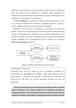 προσέγγιση αυτή δηµιουργείται µια περιορισµένη (ατελής) έκδοση του συστήµατος
πάνω στην οποία γίνονται διορθώσεις και προσθήκες καθώς απαιτήσεις είτε
διευκρινίζονται είτε ανακαλύπτονται είτε βελτιώνονται µέχρι να καταλήξουµε σε µια
έκδοση που να είναι επαρκής και ικανοποιητική.
   Το βασικό πρόβληµα του µοντέλου της εξελικτικής πρωτοτυποποίησης είναι ότι
µε τις συνεχείς διορθωτικές και προσθετικές παρεµβολές παράγεται ‘µπλεγµένος’
κώδικας (spaghetti code) που είναι πολύ δύσκολα συντηρήσιµος.
   Εναλλακτικά και προκειµένου να αποφύγουµε το φαινόµενο του ‘µπλεγµένου
κώδικα’, θα µπορούσε να δηµιουργηθεί ένα πρωτότυπο το οποίο σκοπό αποκλειστικό
θα είχε την αποσαφήνιση των απαιτήσεων και να παράσχει πληροφορίες για την
εκτίµηση του ρίσκου του τελικού συστήµατος. Μετά την αξιολόγηση το πρωτότυπο
σύστηµα ‘πετιέται’ και δεν χρησιµοποιείται για την ανάπτυξη του συστήµατος
(throw-away prototype) (Σχήµα 3.2).


                                      Εξελικτική
                                                                 Τελικό σύστηµα
                                   πρωτοτυποποίηση

              Περίληψη
             απαιτήσεων

                                                                  Εκτελέσιµο
                                     Throw-away
                                                                 πρωτότυπο και
                                   πρωτοτυποποίηση
                                                                 προδιαγραφές



                  Σχήµα 3.2: Εξελικτική και throw-away πρωτοτυποποίηση

∆ραστηριότητα 2 / Κεφάλαιο 3
Περιγράψτε ποια κατά την άποψη σας, από τις παραπάνω περιγραφές των
προσεγγίσεων της εξελικτικής και της throw – away πρωτοτυποίησης, είναι τα
µειονεκτήµατα – προβλήµατα που µπορούν να παρουσιάσουν. Περιγράψτε την
άποψή σας σε 100 λέξεις. Την δική µας προσέγγιση θα βρείτε στο τέλος του
κεφαλαίου.


   Ο χρόνος που απαιτείται για την ανάπτυξη ενός συστήµατος µπορεί να µειωθεί
ακόµα    περισσότερο      εάν    κάποια    τµήµατα       του   συστήµατος   µπορούν   να
επαναχρησιµοποιηθούν. Έτσι τα πρωτότυπα µπορούν να κατασκευαστούν ακόµα πιο
γρήγορα εάν υπάρχει µια βιβλιοθήκη µε επαναχρησιµοποιήσιµες ψηφίδες (reusable



Κεφάλαιο 3: Μοντέλα Ανάπτυξης Εκπαιδευτικού Λογισµικού                            Σελ. 6
 