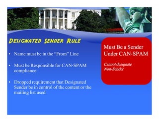 Designated Sender Rule
                                               Must Be a Sender
• Name must be in the “From” Line                    CAN-
                                               Under CAN-SPAM

• Must be Responsible for CAN-SPAM             Cannot designate
  compliance                                   Non-
                                               Non-Sender


• Dropped requirement that Designated
  Sender be in control of the content or the
  mailing list used
 