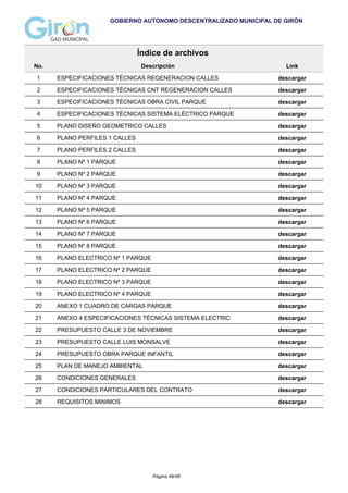 GOBIERNO AUTONOMO DESCENTRALIZADO MUNICIPAL DE GIRÓN
Índice de archivos
No. Descripción Link
1 ESPECIFICACIONES TÉCNICAS REGENERACION CALLES descargar
2 ESPECIFICACIONES TÉCNICAS CNT REGENERACION CALLES descargar
3 ESPECIFICACIONES TÉCNICAS OBRA CIVIL PARQUE descargar
4 ESPECIFICACIONES TÉCNICAS SISTEMA ELÉCTRICO PARQUE descargar
5 PLANO DISEÑO GEOMETRICO CALLES descargar
6 PLANO PERFILES 1 CALLES descargar
7 PLANO PERFILES 2 CALLES descargar
8 PLANO Nº 1 PARQUE descargar
9 PLANO Nº 2 PARQUE descargar
10 PLANO Nº 3 PARQUE descargar
11 PLANO Nº 4 PARQUE descargar
12 PLANO Nº 5 PARQUE descargar
13 PLANO Nº 6 PARQUE descargar
14 PLANO Nº 7 PARQUE descargar
15 PLANO Nº 8 PARQUE descargar
16 PLANO ELECTRICO Nº 1 PARQUE descargar
17 PLANO ELECTRICO Nº 2 PARQUE descargar
18 PLANO ELECTRICO Nº 3 PARQUE descargar
19 PLANO ELECTRICO Nº 4 PARQUE descargar
20 ANEXO 1 CUADRO DE CARGAS PARQUE descargar
21 ANEXO 4 ESPECIFICACIONES TÉCNICAS SISTEMA ELECTRIC descargar
22 PRESUPUESTO CALLE 3 DE NOVIEMBRE descargar
23 PRESUPUESTO CALLE LUIS MONSALVE descargar
24 PRESUPUESTO OBRA PARQUE INFANTIL descargar
25 PLAN DE MANEJO AMBIENTAL descargar
26 CONDICIONES GENERALES descargar
27 CONDICIONES PARTICULARES DEL CONTRATO descargar
28 REQUISITOS MINIMOS descargar
Powered by TCPDF (www.tcpdf.org)
Página 48/48
 