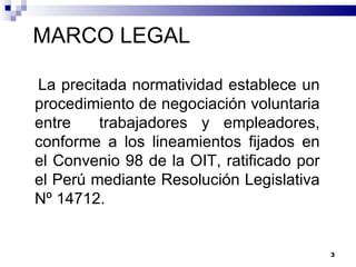   La precitada normatividad establece un procedimiento de negociación voluntaria entre  trabajadores y empleadores, conforme a los lineamientos fijados en el Convenio 98 de la OIT, ratificado por el Perú mediante Resolución Legislativa Nº 14712. MARCO LEGAL 