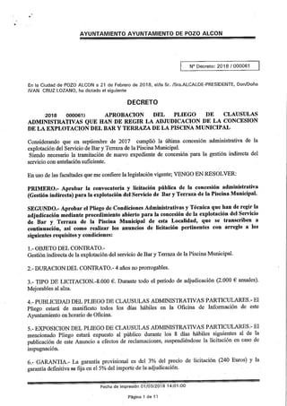 Pliego de clausulas Piscina Municipal