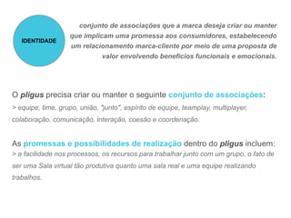 conjunto de associações que a marca deseja criar ou manter
                   que implicam uma promessa aos consumidores, estabelecendo
   IDENTIDADE
                   um relacionamento marca-cliente por meio de uma proposta de
                             valor envolvendo benefícios funcionais e emocionais.




O pligus precisa criar ou manter o seguinte conjunto de associações:
> equipe, time, grupo, união, "junto", espírito de equipe, teamplay, multiplayer,
colaboração, comunicação, interação, coesão e coordenação.


As promessas e possibilidades de realização dentro do pligus incluem:
> a facilidade nos processos, os recursos para trabalhar junto com um grupo, o fato de
ser uma Sala virtual tão produtiva quanto uma sala real e uma equipe realizando
trabalhos.
 