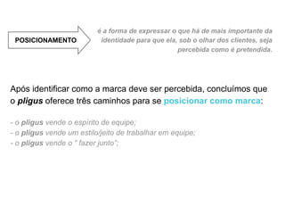 é a forma de expressar o que há de mais importante da
 POSICIONAMENTO            identidade para que ela, sob o olhar dos clientes, seja
                                                   percebida como é pretendida.




Após identificar como a marca deve ser percebida, concluímos que
o pligus oferece três caminhos para se posicionar como marca:

- o pligus vende o espírito de equipe;
- o pligus vende um estilo/jeito de trabalhar em equipe;
- o pligus vende o “ fazer junto”;
 