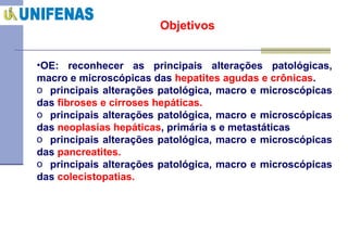 Objetivos OE: reconhecer as principais alterações patológicas, macro e microscópicas das  hepatites agudas e crônicas . principais alterações patológica, macro e microscópicas das  fibroses e cirroses hepáticas. principais alterações patológica, macro e microscópicas das  neoplasias hepáticas , primária s e metastáticas principais alterações patológica, macro e microscópicas das  pancreatites. principais alterações patológica, macro e microscópicas das  colecistopatias.     