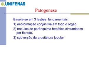 Patogenese Baseia-se em 3 lesões  fundamentais:  1)  neoformação conjuntiva em todo o órgão.  2) nódulos de parênquima hepático circundados por fibrose. 3) subversão da arquitetura lobular   