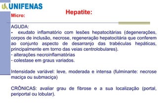 Hepatite: Micro:   AGUDA:   -  exudato inflamatório com lesões hepatocitárias (degenerações, corpos de inclusão, necrose, regeneração hepatocitária que conferem ao conjunto aspecto de desarranjo das trabéculas hepáticas, principalmente em torno das veias centrolobulares). alterações necroinflamatórias  colestase em graus variados.  Intensidade variável: leve, moderada e intensa (fulminante: necrose maciça ou submaciça) CRÔNICAS: avaliar grau de fibrose e a sua localização (portal, periportal ou lobular). 