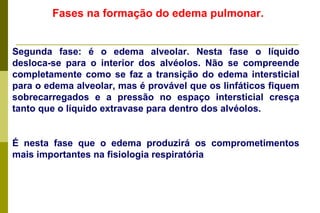Fases na formação do edema pulmonar.   Segunda fase: é o edema alveolar. Nesta fase o líquido desloca-se para o interior dos alvéolos. Não se compreende completamente como se faz a transição do edema intersticial para o edema alveolar, mas é provável que os linfáticos fiquem sobrecarregados e a pressão no espaço intersticial cresça tanto que o líquido extravase para dentro dos alvéolos.  É nesta fase que o edema produzirá os comprometimentos mais importantes na fisiologia respiratória 