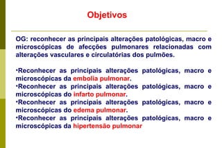 Objetivos OG: reconhecer as principais alterações patológicas, macro e microscópicas de afecções pulmonares relacionadas com alterações vasculares e circulatórias dos pulmões. Reconhecer as principais alterações patológicas, macro e microscópicas da  embolia pulmonar . Reconhecer as principais alterações patológicas, macro e microscópicas do  infarto pulmonar . Reconhecer as principais alterações patológicas, macro e microscópicas do  edema pulmonar . Reconhecer as principais alterações patológicas, macro e microscópicas da  hipertensão pulmonar 