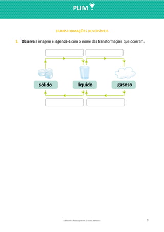 Editável e fotocopiável ©Texto Editores 7
PLIM
TRANSFORMAÇÕES REVERSÍVEIS
1. Observa a imagem e legenda-a com o nome das transformações que ocorrem.
 