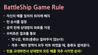 BattleShip Game Rule
• 자신의 배를 임의의 위치에 배치
• 턴 순서를 결정
• 공격 턴에 상대방의 좌표를 지정
• 수비측은 결과를 통보
• 빗나감, 히트(종류는 알려주지 않는다)
• 격추 – 배의 영역이 모두 히트 하였을 때, 종류도 알려준다.
• 턴을 교대하면서 상대방의 모든 배를 격추 시키면 승리!
 