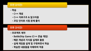 •학습
•C++ 개념
•C++ 자료구조 & 알고리즘
•코딩 인터뷰 시험 문제 풀이
오전 (2시간)
•프로젝트 제작
•BattleShip Game (C++ 콘솔 게임)
•배운 개념과 지식을 실제로 활용
•실제 게임을 설계 및 구현하면서 학습
•학습한 내용들을 이해하여 적용
오후 (3시간)
 