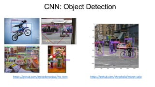 CNN: Object Detection
https://github.com/precedenceguo/mx-rcnn https://github.com/zhreshold/mxnet-yolo
 