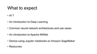 What to expect
• AI ?
• An introduction to Deep Learning
• Common neural network architectures and use cases
• An introduction to Apache MXNet
• Demos using Jupyter notebooks on Amazon SageMaker
• Resources
 