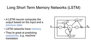 Long Short Term Memory Networks (LSTM)
• A LSTM neuron computes the
output based on the input and a
previous state
• LSTM networks have memory
• They’re great at predicting
sequences, e.g. machine
translation
 