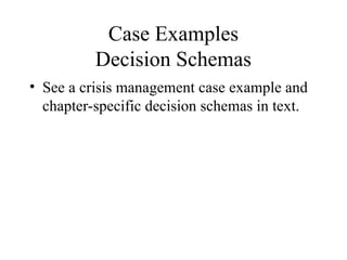 Case Examples
Decision Schemas
• See a crisis management case example and
chapter-specific decision schemas in text.
 