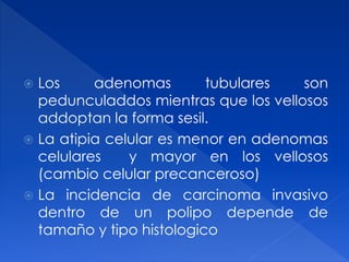  Los adenomas tubulares son
pedunculaddos mientras que los vellosos
addoptan la forma sesil.
 La atipia celular es menor en adenomas
celulares y mayor en los vellosos
(cambio celular precanceroso)
 La incidencia de carcinoma invasivo
dentro de un polipo depende de
tamaño y tipo histologico
 