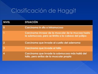 NIVEL SITUACIÓN
0 Carcinoma in situ o intramucoso
1 Carcinoma invasor de la muscular de la mucosa hasta
la submucosa, pero se limita a la cabeza del pólipo
2 Carcinoma que invade al cuello del adenoma
3 Carcinoma que invade el tallo
4 Carcinoma que invade la submucosa más hallá del
tallo, pero arriba de la muscular propia
 