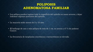 POLIPOSIS
ADENOMATOSA FAMILIAR
• Los pólipos pueden tapizar toda la superficie del epitelio en casos severos y dejar
indemne algunas porciones del epitelio.
• La mayoría mide menos de 5 y 10 mm.
• El hallazgo de uno o más pólipos de más de 1 cm. se asocia a 47 % de padecer
Cancer.
• La frecuencia de neoplasias sincrónicas o metacrónicas es elevada.
 