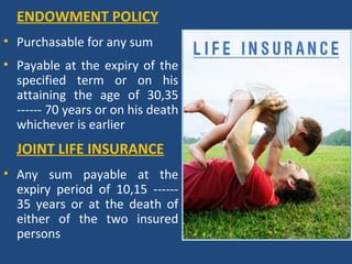ENDOWMENT POLICY
• Purchasable for any sum
• Payable at the expiry of the
  specified term or on his
  attaining the age of 30,35
  ------ 70 years or on his death
  whichever is earlier
  JOINT LIFE INSURANCE
• Any sum payable at the
  expiry period of 10,15 ------
  35 years or at the death of
  either of the two insured
  persons
 