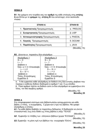 ΘΔΜΑ Β 
Β1. Να γξάςεηε ζην ηεηξάδην ζαο ηνλ αριθμό ηεο θάζε επηινγήο ζηεο ζηήλης 
Α θαη δίπια κε ην γράμμα ηεο ζηήλης Β πνπ αληηζηνηρεί, ζηνλ αθόινπζν 
πίλαθα: 
ΣΤΗΛΗ Α ΣΤΗΛΗ Β 
1. Προζηακηικός Πξνγξακκαηηζκόο α. PROLOG 
2. Σσναρηηζιακός Πξνγξακκαηηζκόο β. LISP 
3. Ανηικειμενοζηραθής Πξνγξακκαηηζκόο γ. PASCAL 
4. Λογικός Πξνγξακκαηηζκόο δ. OCCAM 
5. Παράλληλος Πξνγξακκαηηζκόο ε. JAVA 
(Μνλάδεο 15) 
Β2. Δίλνληαη νη παξαθάησ δύν αιγόξηζκνη 
Αιγόξηζκνο 1 
S ← 0 
i ← 1 
Δηάβαζε α 
Όζν α <> 0 Επαλάιαβε 
i ← i + 2 
S ← S + i 
Δηάβαζε α 
Τέινο_Επαλάιεςεο 
Εκθάληζε S 
Αιγόξηζκνο 2 
S ← 0 
i ← 1 
Δηάβαζε α 
Όζν i <= 9 Επαλάιαβε 
S ← S + i 
i ← i + 2 
Δηάβαζε α 
Τέινο_Επαλάιεςεο 
Εκθάληζε S 
α. Τη ζα εκθαλίζεη θάζε αιγόξηζκνο αλ δνζνύλ ζηηο δύν εληνιέο Διάβασε πνπ 
πεξηέρεη ν θαζέλαο δνζνύλ δηαδνρηθά νη αξηζκνί 1 θαη 0 σο είζνδνη; 
β. Πνηνί αξηζκνί πξέπεη λα δνζνύλ ώζηε νη δύν αιγόξηζκνη λα εκθαλίδνπλ ζην 
ηέινο ηνλ ίδην αθξηβώο αξηζκό; 
(Μνλάδεο 10) 
Μονάδες 25 
ΘΔΜΑ Γ 
Σην πιεξνθνξηαθό ζύζηεκα ελόο βηβιηνπσιείνπ θαηαρσξνύληαη γηα θάζε 
βηβιίν, ν ηίηινο, ν ζπγγξαθέαο, ε ρώξα θαη ε ηηκή ηνπ βηβιίνπ. Να γξαθεί 
αιγόξηζκνο ν νπνίνο : 
Γ1. Γηα θάζε βηβιίν δηαβάδεη ηα παξαπάλσ δεδνκέλα. Η δηαδηθαζία λα γίλεηαη 
επαλαιεπηηθά, έσο όηνπ δνζεί σο ηίηινο βηβιίνπ ε ιέμε “ΤΕΛΟΣ” 
(Μνλάδεο 5) 
Γ2 . Εκθαλίδεη ην πιήζνο ησλ ειιεληθώλ βηβιίσλ (ρώξα “ΕΛΛΑΔΑ”). 
(Μνλάδεο 10) 
Γ3. Εκθαλίδεη ηε κέζε ηηκή ησλ βηβιίσλ ηνπ ζπγγξαθέα “Ειύηε”. 
(Μνλάδεο 10) 
Μονάδες 25 
 