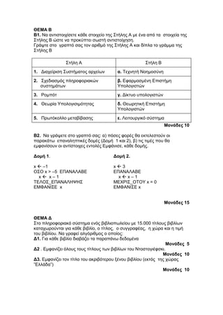 ΘΕΜΑ Β 
Β1. Να αντιστοιχίσετε κάθε στοιχείο της Στήλης Α με ένα από τα στοιχεία της 
Στήλης Β ώστε να προκύπτει σωστή αντιστοίχηση. 
Γράψτε στο γραπτό σας τον αριθμό της Στήλης Α και δίπλα το γράμμα της 
Στήλης Β 
Στήλη Α Στήλη Β 
1. Διαχείριση Συστήματος αρχείων α. Τεχνητή Νοημοσύνη 
2. Σχεδιασμός πληροφοριακών 
συστημάτων 
β. Εφαρμοσμένη Επιστήμη 
Υπολογιστών 
3. Ρομπότ γ. Δίκτυο υπολογιστών 
4. Θεωρία Υπολογισιμότητας δ. Θεωρητική Επιστήμη 
Υπολογιστών 
5. Πρωτόκολλο μεταβίβασης ε. Λειτουργικό σύστημα 
Μονάδες 10 
B2. Να γράψετε στο γραπτό σας: α) πόσες φορές θα εκτελεστούν οι 
παρακάτω επαναληπτικές δομές (Δομή 1 και 2), β) τις τιμές που θα 
εμφανίσουν οι αντίστοιχες εντολές Εμφάνισε, κάθε δομής. 
Δομή 1. 
x  –1 
ΟΣΟ x > –5 ΕΠΑΝΑΛΑΒΕ 
x  x – 1 
ΤΕΛΟΣ_ΕΠΑΝΑΛΗΨΗΣ 
ΕΜΦΑΝΙΣΕ x 
Δομή 2. 
x  3 
ΕΠΑΝΑΛΑΒΕ 
x  x – 1 
ΜΕΧΡΙΣ_ΟΤΟΥ x = 0 
ΕΜΦΑΝΙΣΕ x 
Μονάδες 15 
ΘΕΜΑ Δ 
Στο πληροφοριακό σύστημα ενός βιβλιοπωλείου με 15.000 τίτλους βιβλίων 
καταχωρούνται για κάθε βιβλίο, ο τίτλος, ο συγγραφέας, η χώρα και η τιμή 
του βιβλίου. Να γραφεί αλγόριθμος ο οποίος: 
Δ1. Για κάθε βιβλίο διαβάζει τα παραπάνω δεδομένα 
Μονάδες 5 
Δ2 . Εμφανίζει όλους τους τίτλους των βιβλίων του Ντοστογιέφσκι. 
Μονάδες 10 
Δ3. Εμφανίζει τον τίτλο του ακριβότερου ξένου βιβλίου (εκτός της χώρας 
”Ελλάδα”) 
Μονάδες 10 
 