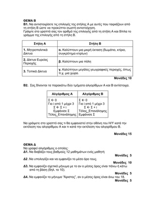 ΘΕΜΑ Β 
Β1. Να αντιστοιχίσετε τις επιλογές της στήλης Α με αυτές που ταιριάζουν από 
τη στήλη Β ώστε να προκύπτει σωστή αντιστοίχηση. 
Γράψτε στο γραπτό σας τον αριθμό της επιλογής από τη στήλη Α και δίπλα το 
γράμμα της επιλογής από τη στήλη Β. 
Στήλη Α Στήλη Β 
1. Μητροπολιτικά 
Δίκτυα 
α. Καλύπτουν μια μικρή έκταση (δωμάτιο, κτίριο, 
συγκρότημα κτιρίων) 
2. Δίκτυα Ευρείας 
Περιοχής 
β. Καλύπτουν μια πόλη 
3. Τοπικά Δίκτυα 
γ. Καλύπτουν μεγάλες γεωγραφικές περιοχές, όπως 
π.χ. μια χώρα. 
Μονάδες 10 
B2. Σας δίνονται τα παρακάτω δύο τμήματα αλγορίθμων Α και Β αντίστοιχα. 
Αλγόριθμος Α Αλγόριθμος Β 
Σ  0 
Για i από 1 μέχρι 3 
Σ  Σ + i 
Εμφάνισε Σ 
Τέλος_Επανάληψης 
Σ  0 
Για i από 1 μέχρι 3 
Σ  Σ + i 
Τέλος_Επανάληψης 
Εμφάνισε Σ 
Να γράψετε στο γραπτό σας τι θα εμφανιστεί στην οθόνη του Η/Υ κατά την 
εκτέλεση του αλγορίθμου Α και τι κατά την εκτέλεση του αλγορίθμου Β. 
Μονάδες 15 
ΘΕΜΑ Δ 
Να γραφεί αλγόριθμος ο οποίος: 
Δ1. Να διαβάζει τους βαθμούς 12 μαθημάτων ενός μαθητή 
Μονάδες 5 
Δ2 .Να υπολογίζει και να εμφανίζει το μέσο όρο τους. 
Μονάδες 10 
Δ3. Να εμφανίζει σχετικό μήνυμα με το αν ο μέσος όρος είναι πάνω ή κάτω 
από τη βάση (δηλ. το 10). 
Μονάδες 5 
Δ4. Να εμφανίζει το μήνυμα “Άριστος”, αν ο μέσος όρος είναι άνω του 18. 
Μονάδες 5 
 