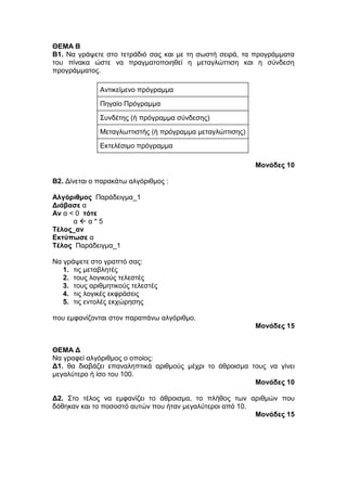 ΘΕΜΑ Β 
Β1. Να γράψετε στο τετράδιό σας και με τη σωστή σειρά, τα προγράμματα 
του πίνακα ώστε να πραγματοποιηθεί η μεταγλώττιση και η σύνδεση 
προγράμματος. 
Αντικείμενο πρόγραμμα 
Πηγαίο Πρόγραμμα 
Συνδέτης (ή πρόγραμμα σύνδεσης) 
Μεταγλωττιστής (ή πρόγραμμα μεταγλώττισης) 
Εκτελέσιμο πρόγραμμα 
Μονάδες 10 
B2. Δίνεται ο παρακάτω αλγόριθμος : 
Αλγόριθμος Παράδειγμα_1 
Διάβασε α 
Αν α < 0 τότε 
α  α * 5 
Τέλος_αν 
Εκτύπωσε α 
Τέλος Παράδειγμα_1 
Να γράψετε στο γραπτό σας: 
1. τις μεταβλητές 
2. τους λογικούς τελεστές 
3. τους αριθμητικούς τελεστές 
4. τις λογικές εκφράσεις 
5. τις εντολές εκχώρησης 
που εμφανίζονται στον παραπάνω αλγόριθμο. 
Μονάδες 15 
ΘΕΜΑ Δ 
Να γραφεί αλγόριθμος ο οποίος: 
Δ1. θα διαβάζει επαναληπτικά αριθμούς μέχρι το άθροισμα τους να γίνει 
μεγαλύτερο ή ίσο του 100. 
Μονάδες 10 
Δ2. Στο τέλος να εμφανίζει το άθροισμα, το πλήθος των αριθμών που 
δόθηκαν και το ποσοστό αυτών που ήταν μεγαλύτεροι από 10. 
Μονάδες 15 
 
