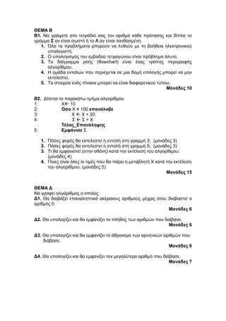 ΘΕΜΑ Β 
Β1. Να γράψετε στο τετράδιό σας τον αριθμό κάθε πρότασης και δίπλα το 
γράμμα Σ αν είναι σωστή ή το Λ αν είναι λανθασμένη. 
1. Όλα τα προβλήματα μπορούν να λυθούν με τη βοήθεια ηλεκτρονικού 
υπολογιστή. 
2. Ο υπολογισμός του εμβαδού τετραγώνου είναι πρόβλημα άλυτο. 
3. Το διάγραμμα ροής (flowchart) είναι ένας τρόπος περιγραφής 
αλγορίθμου. 
4. Η ομάδα εντολών που περιέχεται σε μια δομή επιλογής μπορεί να μην 
εκτελεστεί. 
5. Τα στοιχεία ενός πίνακα μπορεί να είναι διαφορετικού τύπου. 
Μονάδες 10 
B2. Δίνεται το παρακάτω τμήμα αλγορίθμου 
1: X 10 
2: Οσο Χ < 100 επανάλαβε 
3: Χ  Χ + 20 
4: Σ  Σ + Χ 
Τέλος_Επανάληψης 
5: Εμφάνισε Σ 
1. Πόσες φορές θα εκτελεστεί η εντολή στη γραμμή 3; (μονάδες 3) 
2. Πόσες φορές θα εκτελεστεί η εντολή στη γραμμή 5; (μονάδες 3) 
3. Τι θα εμφανιστεί (στην οθόνη) κατά την εκτέλεση του αλγορίθμου; 
(μονάδες 4) 
4. Ποιες είναι όλες οι τιμές που θα πάρει η μεταβλητή Χ κατά την εκτέλεση 
του αλγορίθμου; (μονάδες 5) 
Μονάδες 15 
ΘΕΜΑ Δ 
Να γραφεί αλγόριθμος ο οποίος: 
Δ1. Θα διαβάζει επαναληπτικά ακέραιους αριθμούς μέχρις ότου διαβαστεί ο 
αριθμός 0. 
Μονάδες 6 
Δ2. Θα υπολογίζει και θα εμφανίζει το πλήθος των αριθμών που διάβασε. 
Μονάδες 6 
Δ3. Θα υπολογίζει και θα εμφανίζει το άθροισμα των αρνητικών αριθμών που 
διάβασε. 
Μονάδες 6 
Δ4. Θα υπολογίζει και θα εμφανίζει τον μεγαλύτερο αριθμό που διάβασε. 
Μονάδες 7 
 