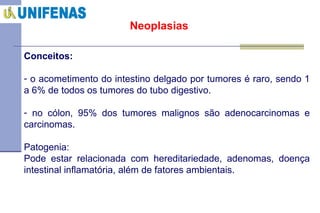 Neoplasias Conceitos: o acometimento do intestino delgado por tumores é raro, sendo 1 a 6% de todos os tumores do tubo digestivo.  no cólon, 95% dos tumores malignos são adenocarcinomas e carcinomas . Patogenia: Pode estar relacionada com hereditariedade, adenomas, doença intestinal inflamatória, além de fatores ambientais. 
