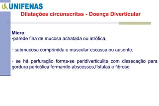 Dilatações circunscritas - Doença Diverticular Micro :  parede fina de mucosa achatada ou atrófica, submucosa comprimida e muscular escassa ou ausente.  se há perfuração forma-se peridiverticulite com dissecação para gordura pericólica formando abscessos,fístulas e fibrose 