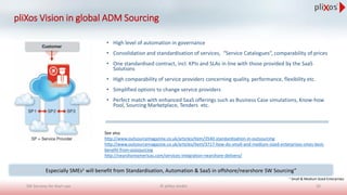 • High level of automation in governance
• Consolidation and standardisation of services, “Service Catalogues“, comparability of prices
• One standardised contract, incl. KPIs and SLAs in line with those provided by the SaaS
Solutions
• High comparability of service providers concerning quality, performance, flexibility etc.
• Simplified options to change service providers
• Perfect match with enhanced SaaS offerings such as Business Case simulations, Know-how
Pool, Sourcing Marketplace, Tenders etc.
pliXos Vision in global ADM Sourcing
See also
http://www.outsourcemagazine.co.uk/articles/item/3540-standardisation-in-outsourcing
http://www.outsourcemagazine.co.uk/articles/item/3717-how-do-small-and-medium-sized-enterprises-smes-best-
benefit-from-outsourcing
http://nearshoreamericas.com/services-integration-nearshore-delivery/
Especially SMEs1 will benefit from Standardisation, Automation & SaaS in offshore/nearshore SW Sourcing”
© pliXos GmbH 20SW Services for Start-ups
1 Small & Medium Sized Enterprises
 
