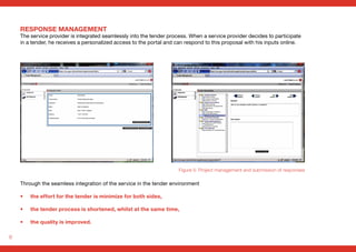 6
RESPONSE MANAGEMENT
The service provider is integrated seamlessly into the tender process. When a service provider decides to participate
in a tender, he receives a personalized access to the portal and can respond to this proposal with his inputs online.
Figure 5: Project management and submission of responses
Through the seamless integration of the service in the tender environment
• 	 the effort for the tender is minimize for both sides,
• 	 the tender process is shortened, whilst at the same time,
• 	 the quality is improved.
 