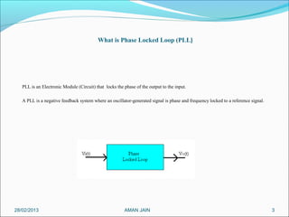 What is Phase Locked Loop (PLL)




   PLL is an Electronic Module (Circuit) that locks the phase of the output to the input.

   A PLL is a negative feedback system where an oscillator-generated signal is phase and frequency locked to a reference signal.




28/02/2013                                              AMAN JAIN                                                                  3
 