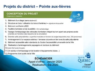 Projets du district – Pointe aux-lièvres
ÉCHÉANCIER
- Appel d’offres : Janvier 2020
- Réalisation : Été 2020
 