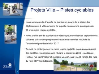 14
Projets Ville – Pistes cyclables
• Nous sommes à la 4e année de la mise en œuvre de la Vision des
déplacements à vélo au terme de laquelle nous aurons ajouté près de
90 km à notre réseau cyclable.
• Notre priorité est de boucler notre réseau pour favoriser les déplacements
utilitaires qui sont en progression importante selon les résultats de
l’enquête origine-destination 2017.
• Au-delà du prolongement de notre réseau cyclable, nous ajoutons aussi
des facilitées : supports à vélo (3 dans le district en 2019 – rue Sainte-
Hélène, rue Saint-Vallier et rue Saint-Joseph, sas vélo (à l’angle des rues
du Pont et Prince-Édouard).
 