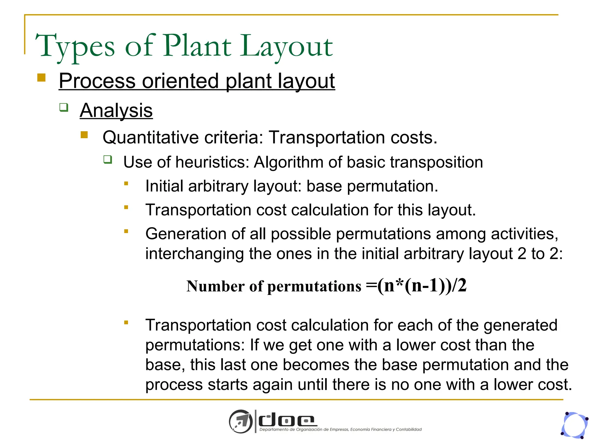 Types of Plant Layout
 Process oriented plant layout
 Analysis
 Quantitative criteria: Transportation costs.
 Use of heuristics: Algorithm of basic transposition
 Initial arbitrary layout: base permutation.
 Transportation cost calculation for this layout.
 Generation of all possible permutations among activities,
interchanging the ones in the initial arbitrary layout 2 to 2:
 Transportation cost calculation for each of the generated
permutations: If we get one with a lower cost than the
base, this last one becomes the base permutation and the
process starts again until there is no one with a lower cost.
Number of permutations =(n*(n-1))/2
 