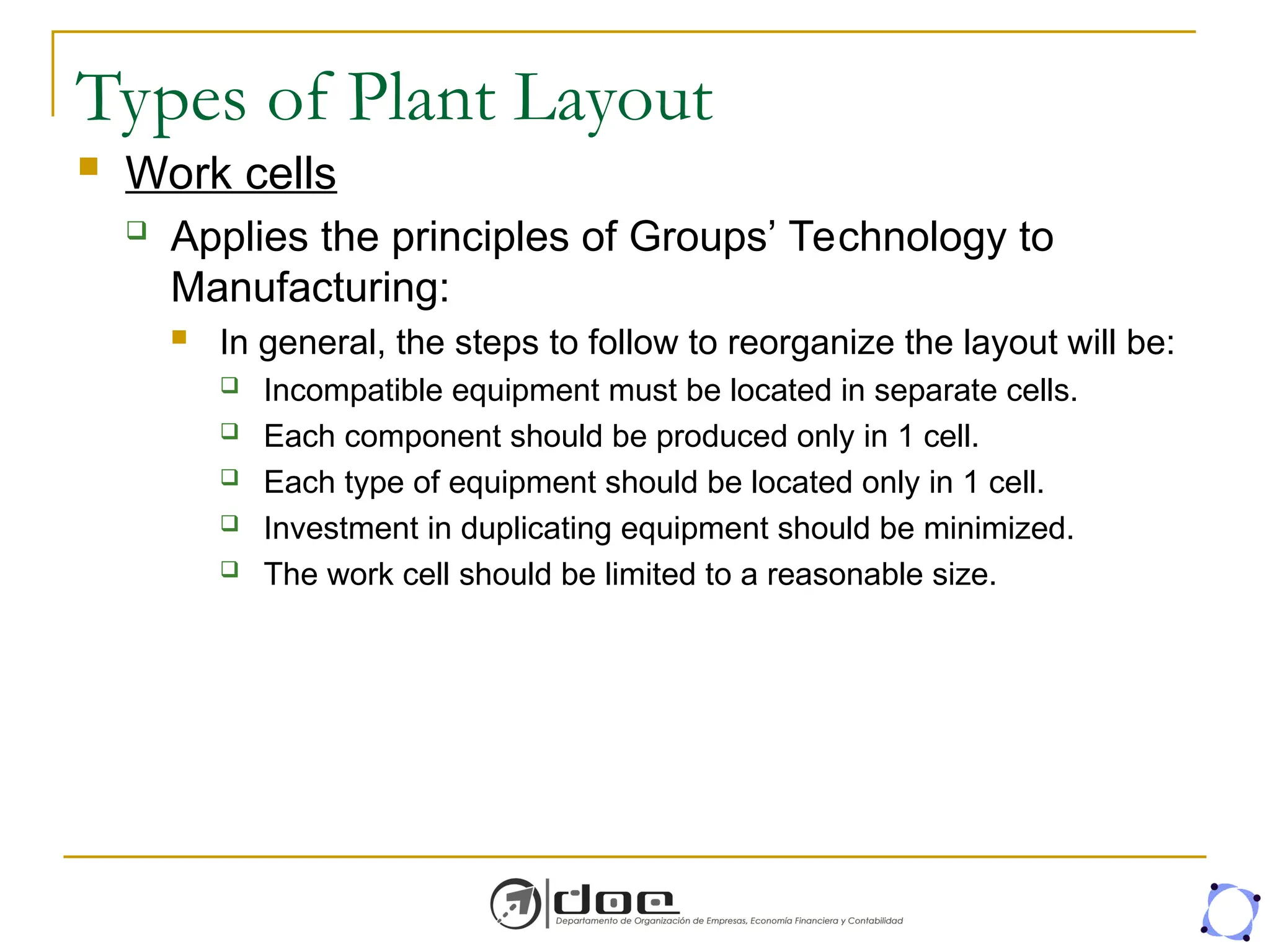Types of Plant Layout
 Work cells
 Applies the principles of Groups’ Technology to
Manufacturing:
 In general, the steps to follow to reorganize the layout will be:
 Incompatible equipment must be located in separate cells.
 Each component should be produced only in 1 cell.
 Each type of equipment should be located only in 1 cell.
 Investment in duplicating equipment should be minimized.
 The work cell should be limited to a reasonable size.
 