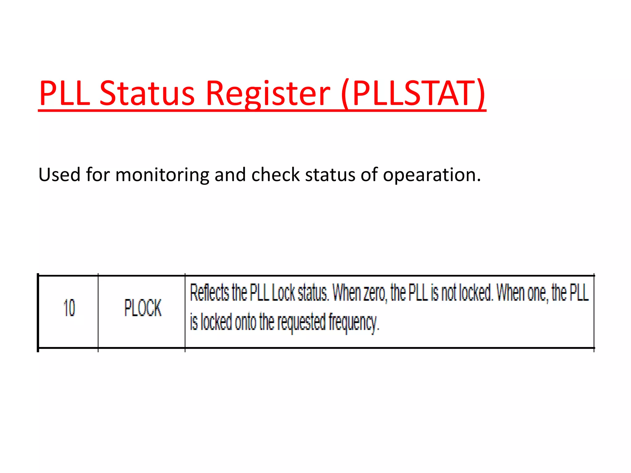 PLL Status Register (PLLSTAT)
Used for monitoring and check status of opearation.
 